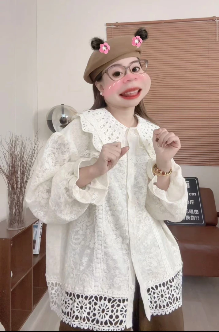【娃娃领衬衫~】丽丽推荐 泡泡袖领口下摆钩花设计百搭韩系衬衣22