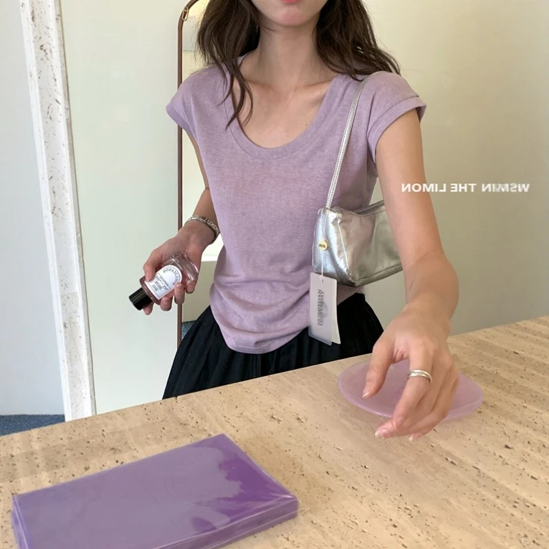 紫色u领小飞袖正肩短袖t恤女夏季亚麻薄款松弛感休闲百搭显瘦上衣