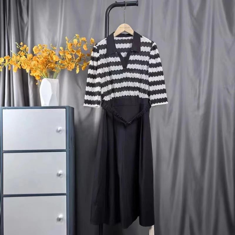 H2590显瘦气质针织时尚百搭夏季黑色拼接连衣裙H6