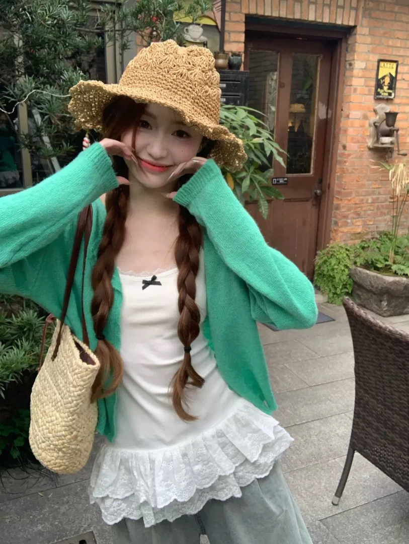 春上新/韩系甜美圆领花边百搭宽松气质针织开衫