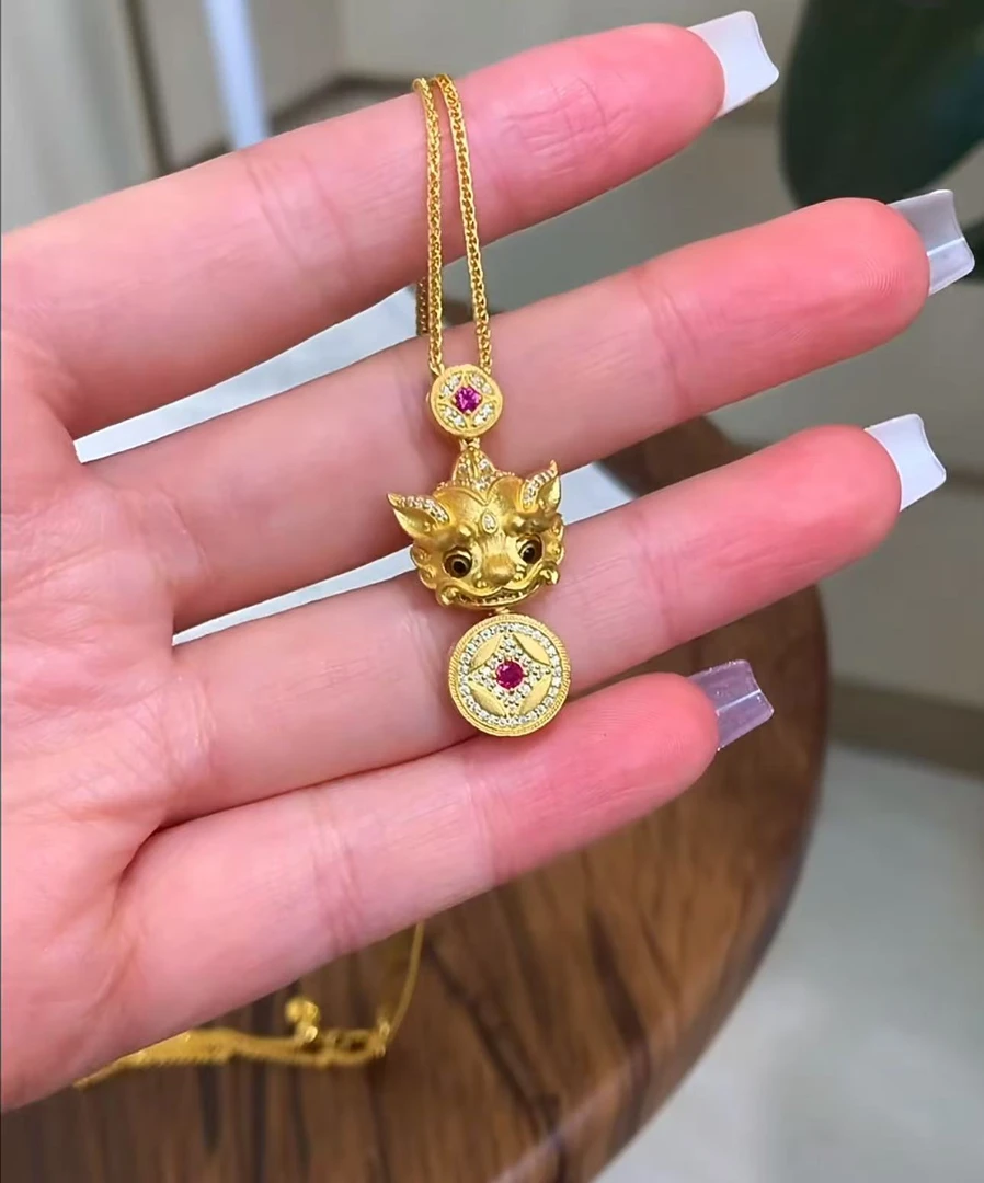 【钰辰珠宝】足金999 镶嵌貔貅吊坠（不含链）眼睛可动 平躺闭眼