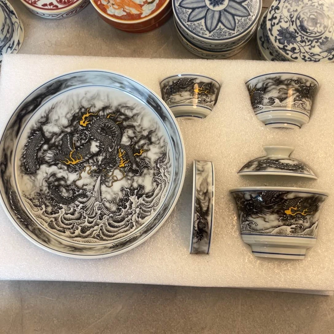 瓷片景德镇黑墨龙游海五件套