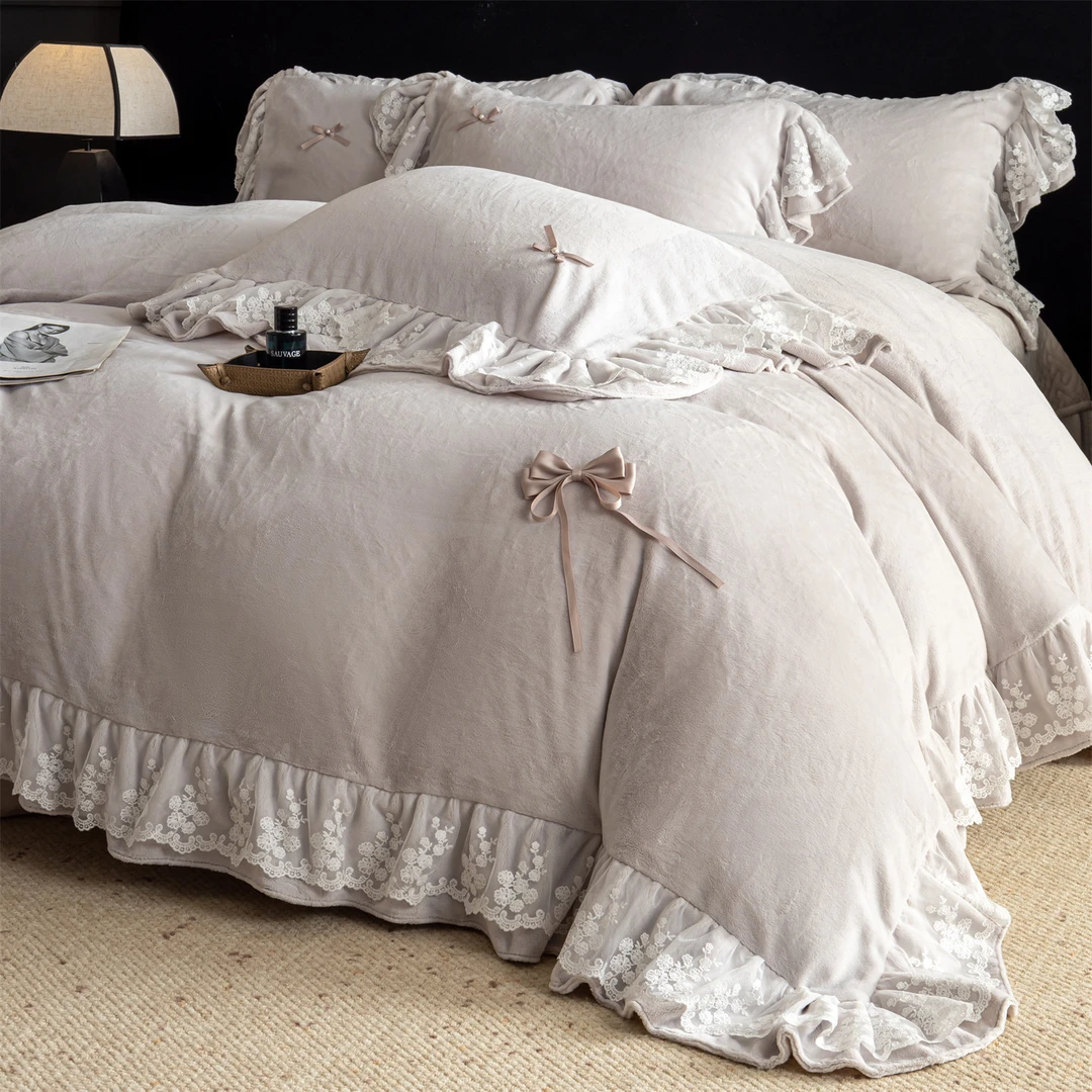 法式轻奢花边牛奶绒四件套床盖款公主风双面绒加绒加厚被套抗静电