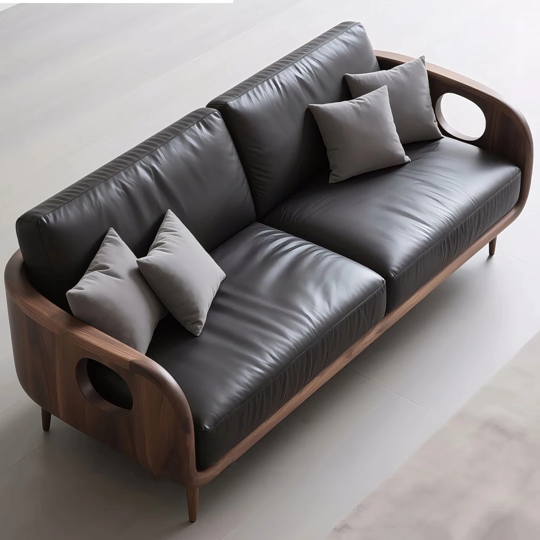 新中式北美黑胡桃木实木真皮直排沙发时尚大小户型定制家具家居