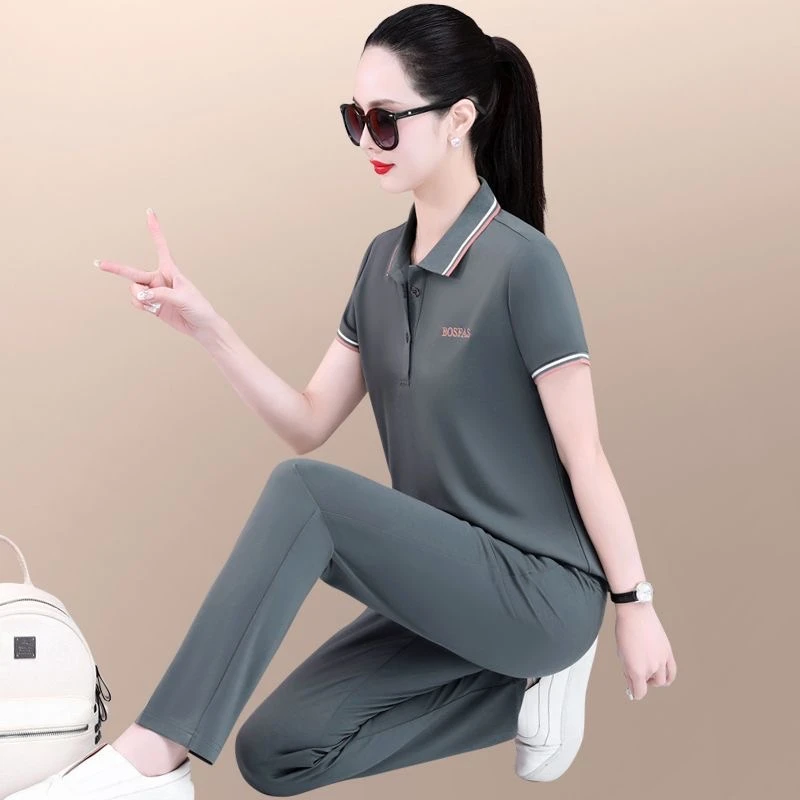 冰丝运动套装女夏季薄款2025新款妈妈翻领洋气短袖长裤休闲两件套