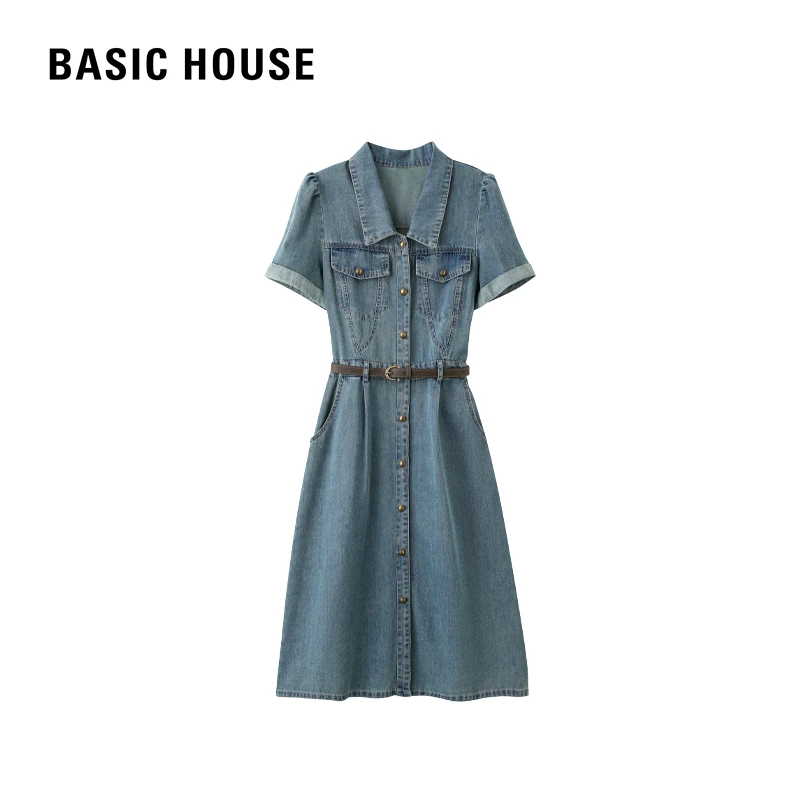 Basic House/百家好夏时尚显瘦气质时尚休闲复古减龄蓝色连衣裙