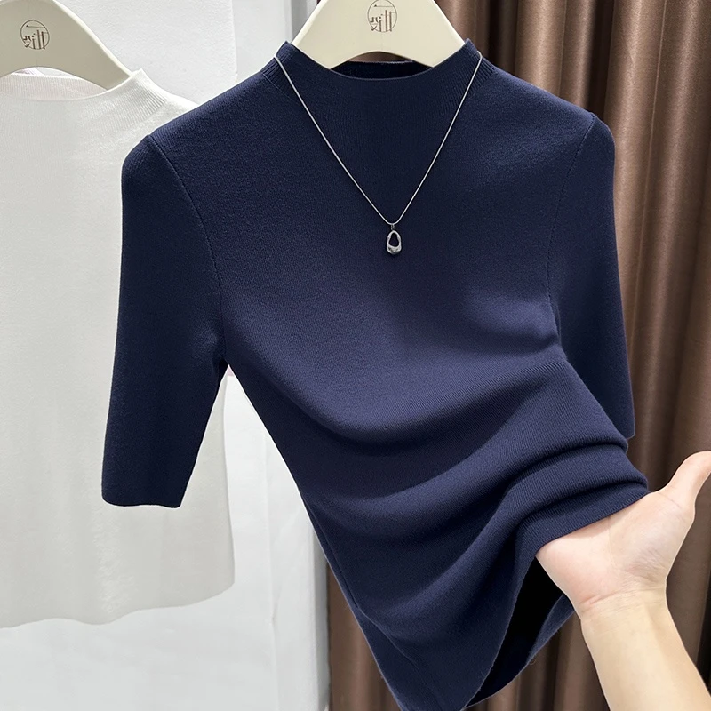 藏青色高级感修身显瘦品质女装针织T恤2025秋季新款半高领上衣潮