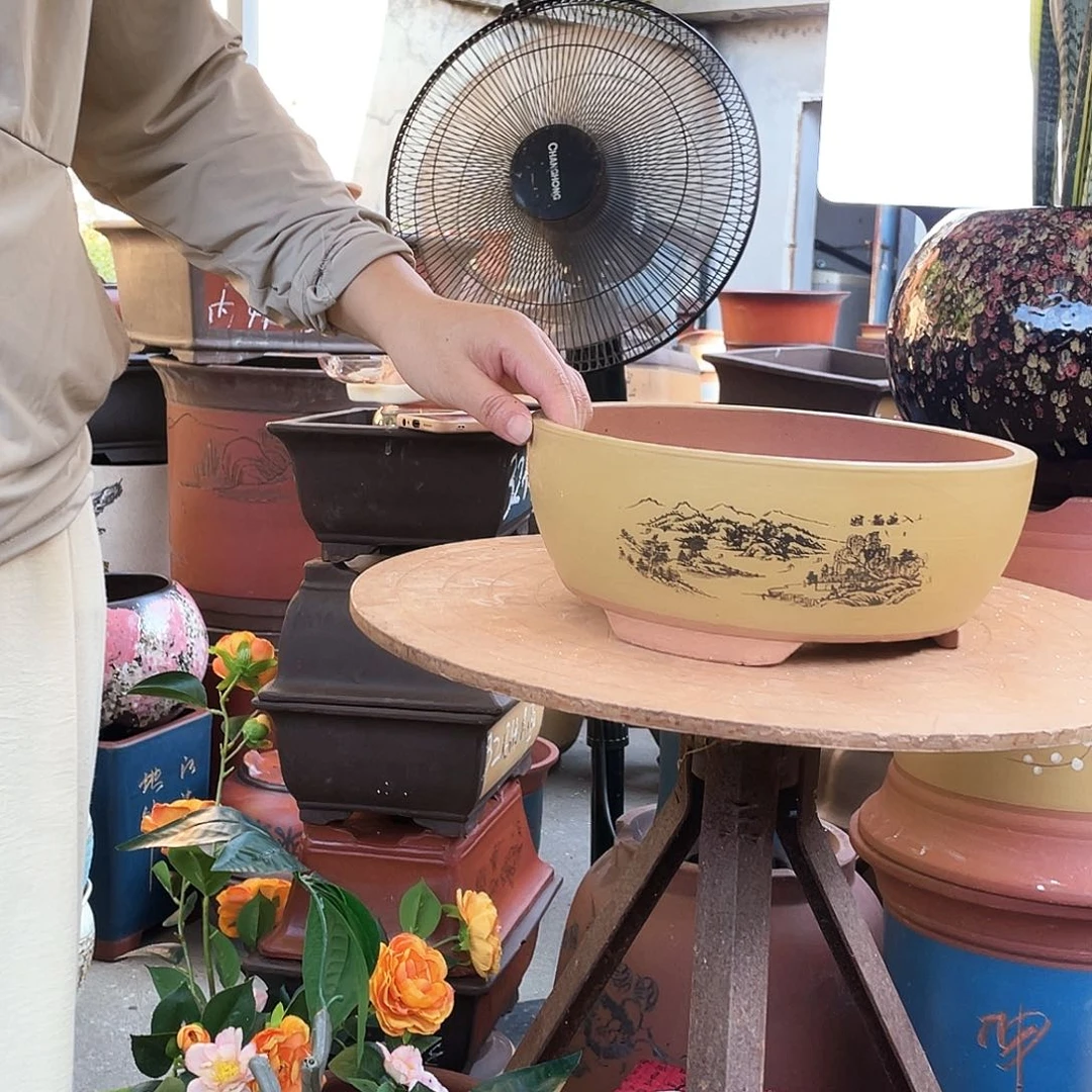 黄色江山如画中号花盆紫砂花盆