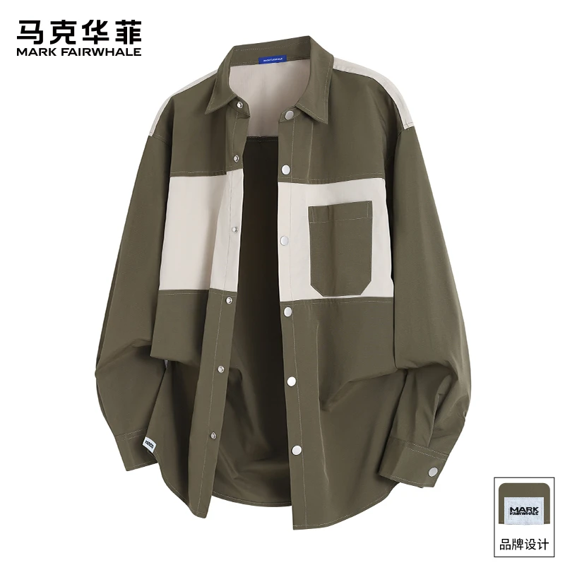 马克华菲美式复古拼接长袖衬衫男士秋季新款宽松百搭休闲上衣外套