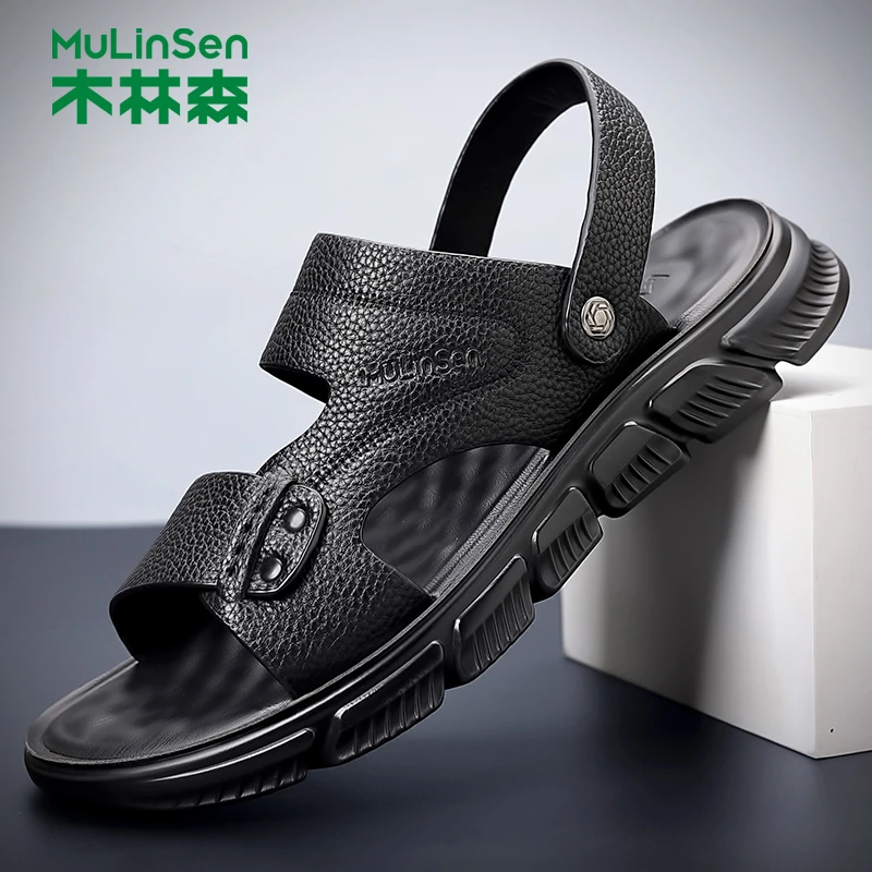 木林森凉鞋男真皮夏季休闲沙滩鞋头层牛皮透气软底户外两穿皮凉拖