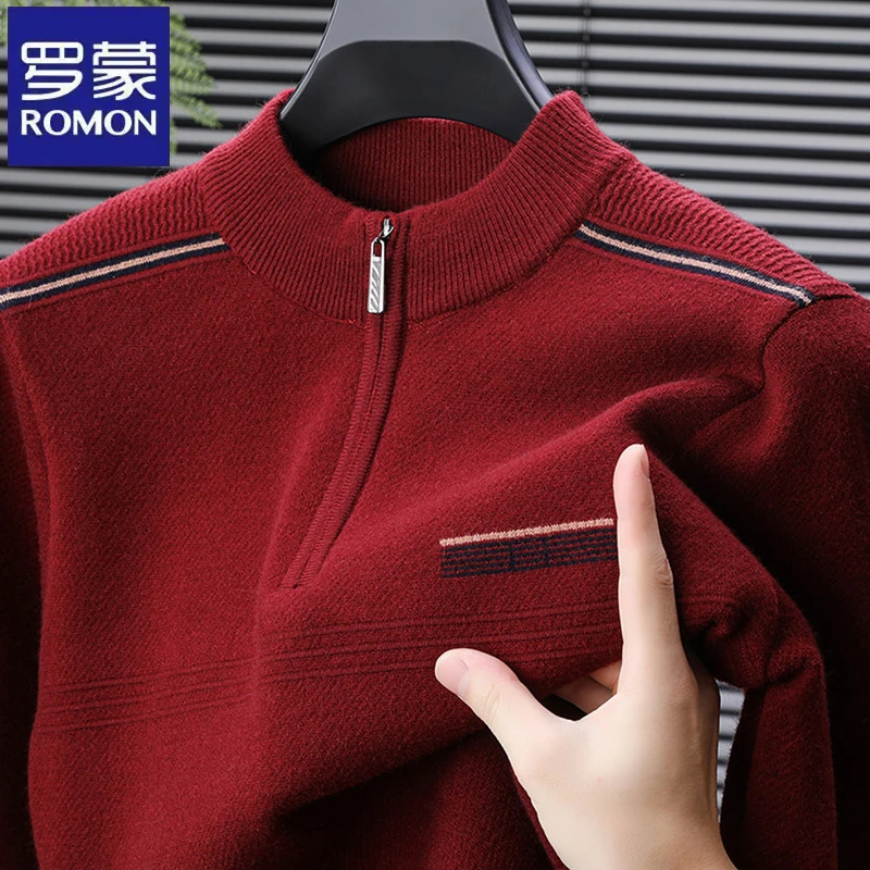 罗蒙商务半高拉链领条纹针织衫秋冬季中年爸爸装加厚防寒男士毛衣