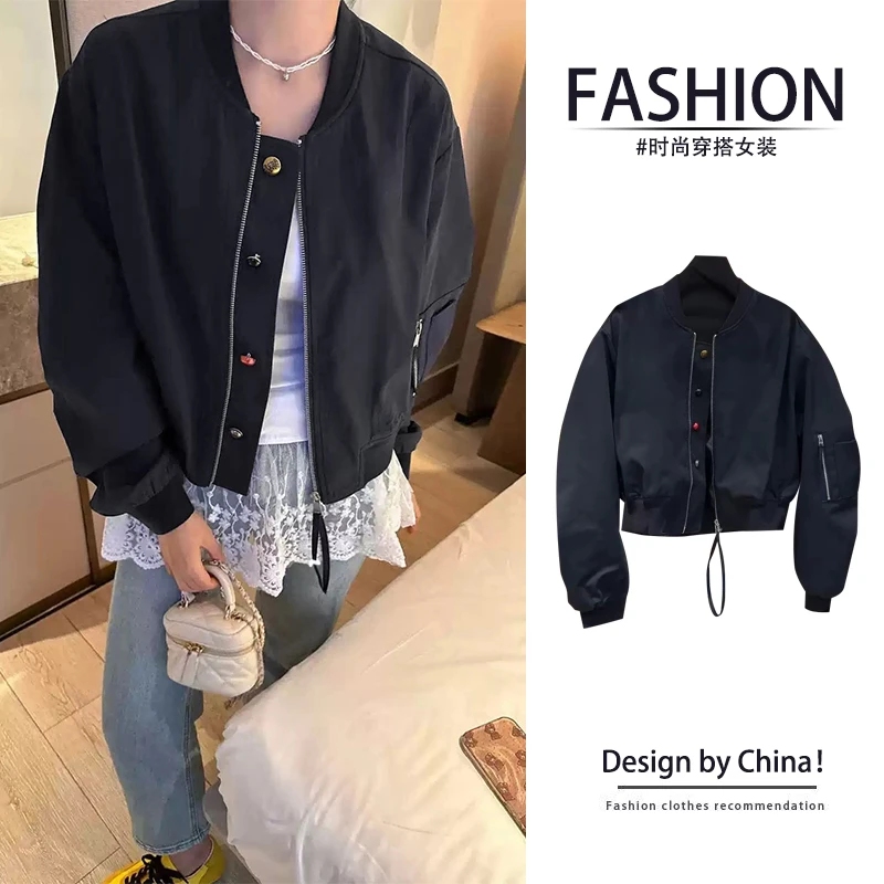 高级感独特超好看休闲夹克上衣女春季2025新款黑色短款棒球服外套