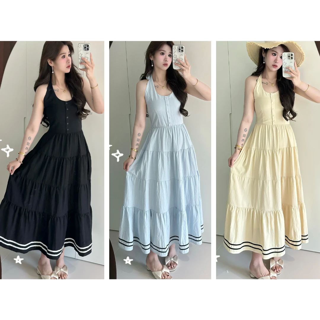 QC李潇洒【仲夏夜之梦】微胖夏法式气质挂脖蛋糕裙韩系甜美收腰长裙