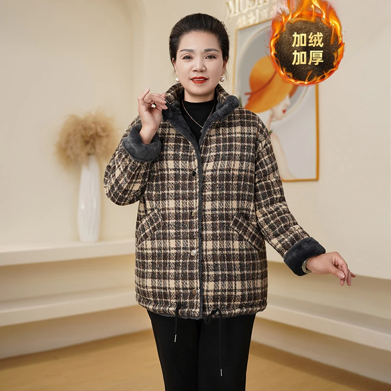 冬季新款加绒加厚格纹外套洋气妈妈装拼接款保暖棉衣妈妈外套冬装