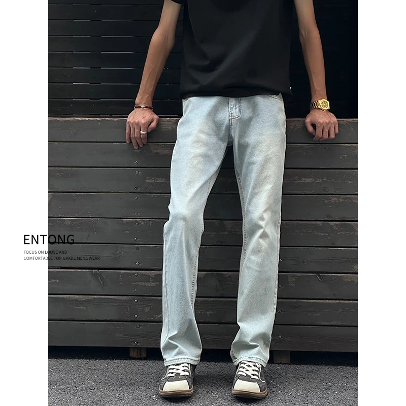 Entong复古潮牌cleanfit微喇牛仔裤男生微宽松显瘦水洗做旧长裤子