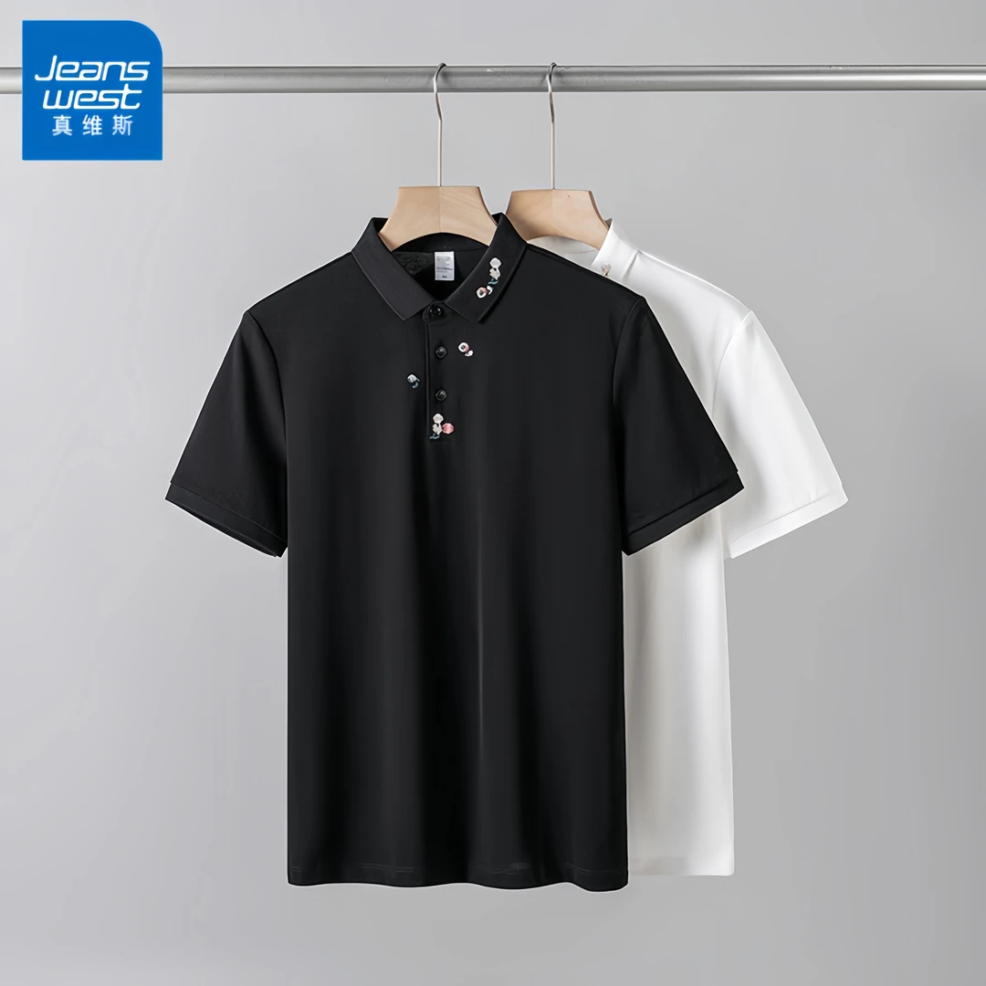 真维斯夏季新款领口花卉刺绣POLO衫男士时尚休闲百搭翻领短袖上衣