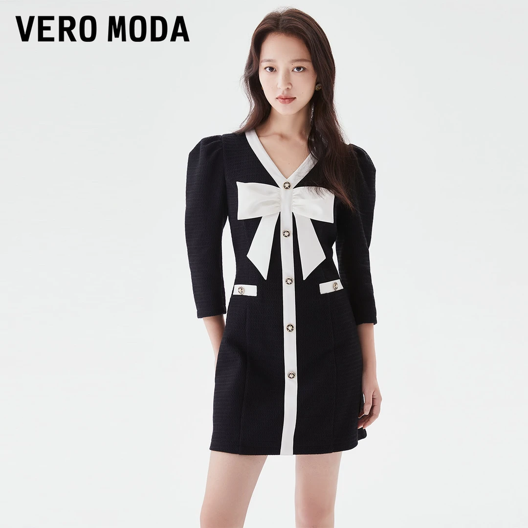 Vero Moda连衣裙商场同款新款v领泡泡袖蝴蝶结小香324161006