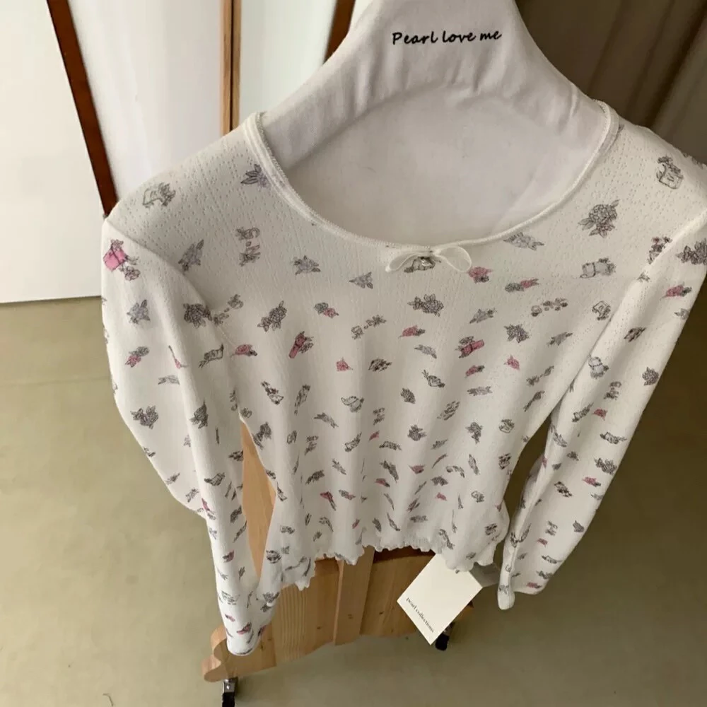 在韩_ 蝴蝶结设计感长袖针织T恤女春修身显瘦打底上衣