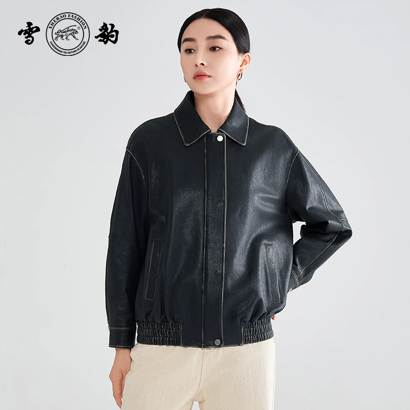 【专柜】93895真皮头层绵羊皮休闲时尚复古风短款翻领擦色皮衣夹克