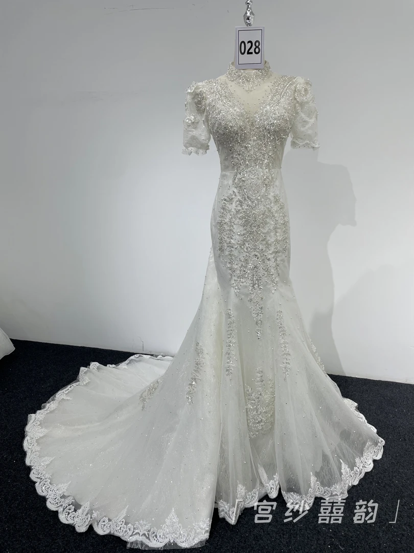 【洛羽婚纱】高领短袖鱼尾婚礼主气质公主婚纱主婚纱鱼尾婚纱