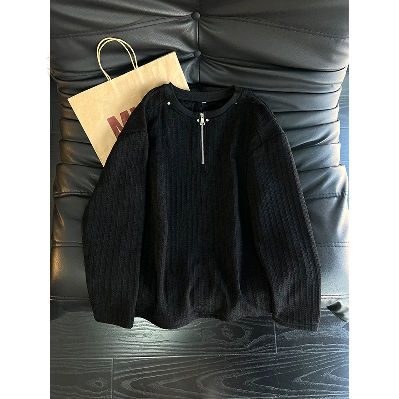 半拉链条纹卫衣男款秋冬季美式复古设计感加绒加厚保暖上衣内搭