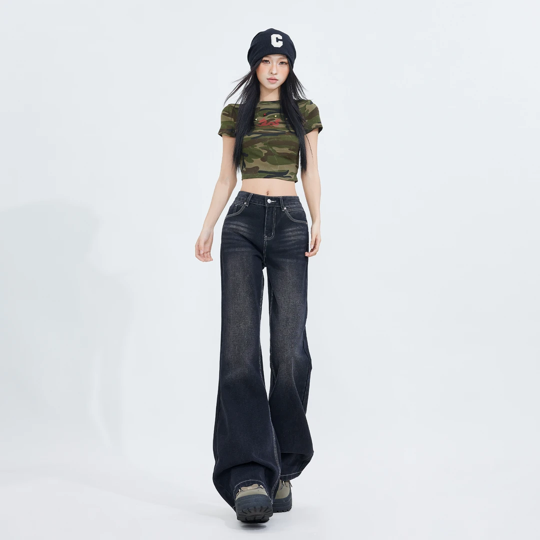 2025春秋上新好品新款慵懒休闲高腰牛仔裤女阔腿裤女喇叭裤高街复