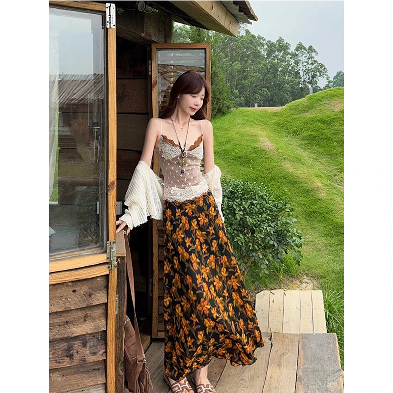 法式复古纯欲风假两件拼接花边连衣裙套装度假蕾丝吊带百搭半身裙