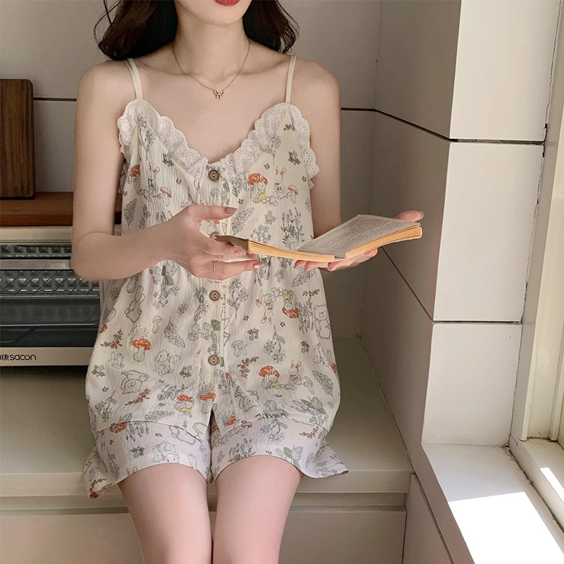 薄款宽松吊带短裤睡衣夏季韩版蕾丝学生甜美可爱公主风家居服套装
