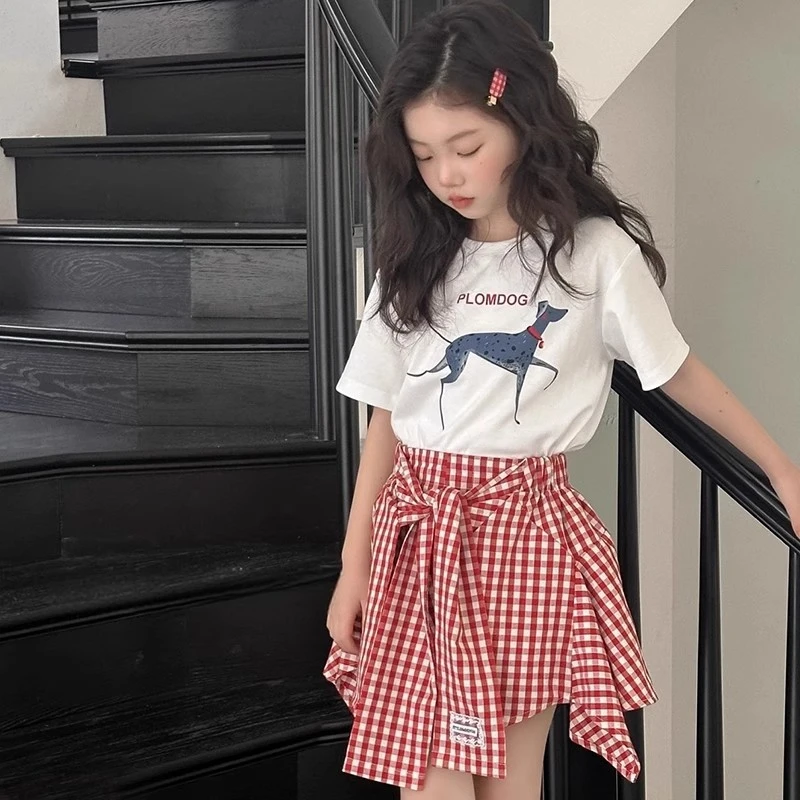 女童短袖T恤2025夏装新款中大童女孩半袖上衣半身裙套装B25413