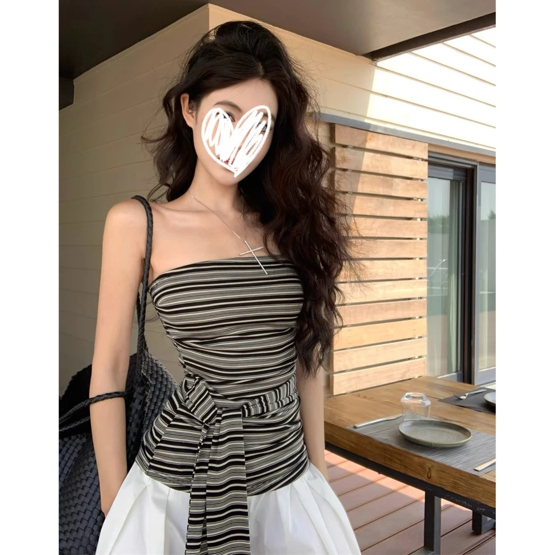 复古撞色条纹露背抹胸背心女夏季绑带修身无袖外穿设计感辣妹上衣