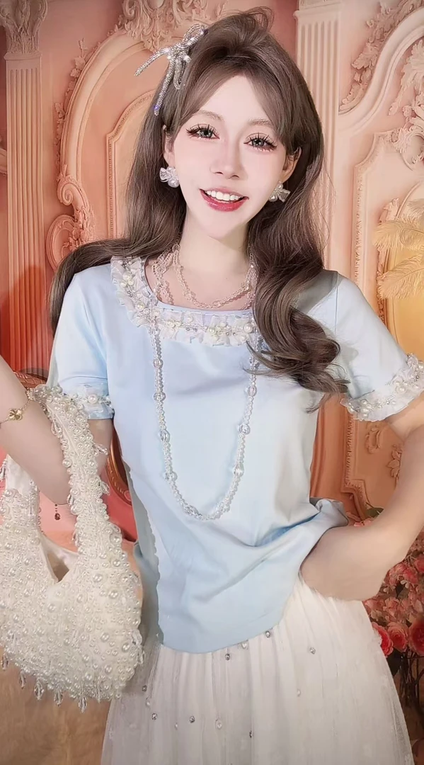 【崔】T0143 珠短袖正肩T恤新款大码女装遮肉显瘦打底衫上衣