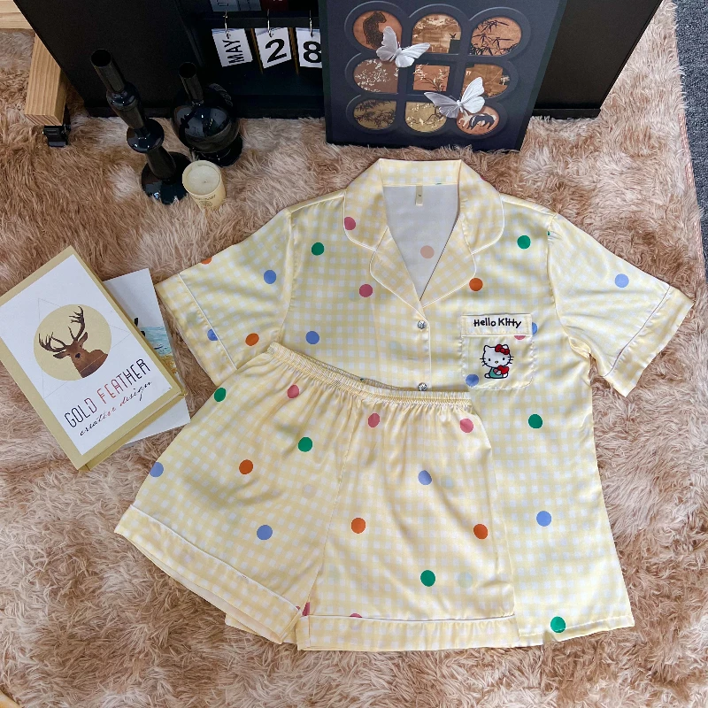 【彩色圆点KITTY三件套】卡通冰皮丝质透气睡衣夏季新款家居服