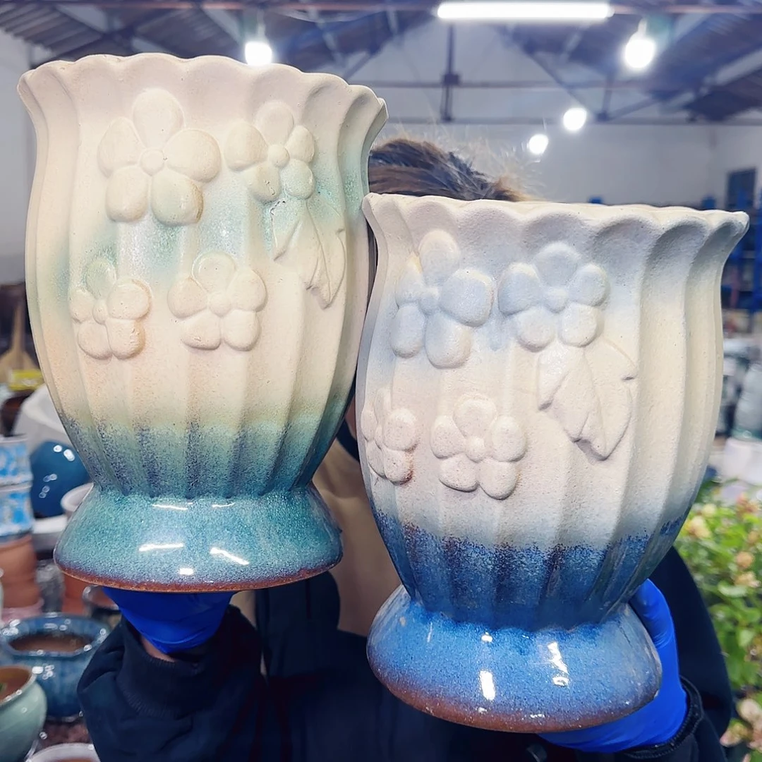 花盆紫砂高24口18。蓝绿