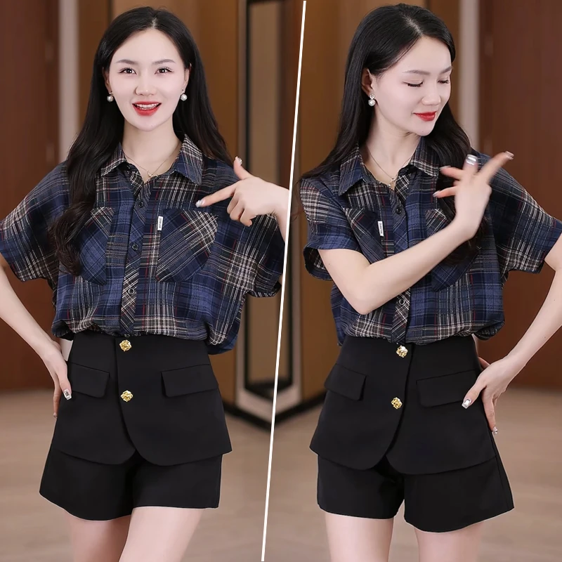 冰丝格子雪纺衬衫女短袖2025夏季新款宽松显瘦休闲上衣洋气小衫