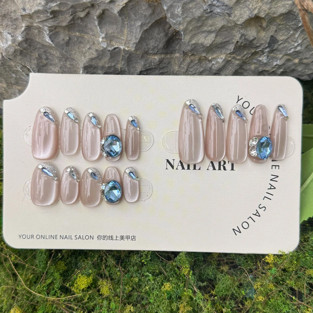 【夏日蓝钻】2025新款夏日轻奢鸽子蛋锆石纯手工穿戴甲