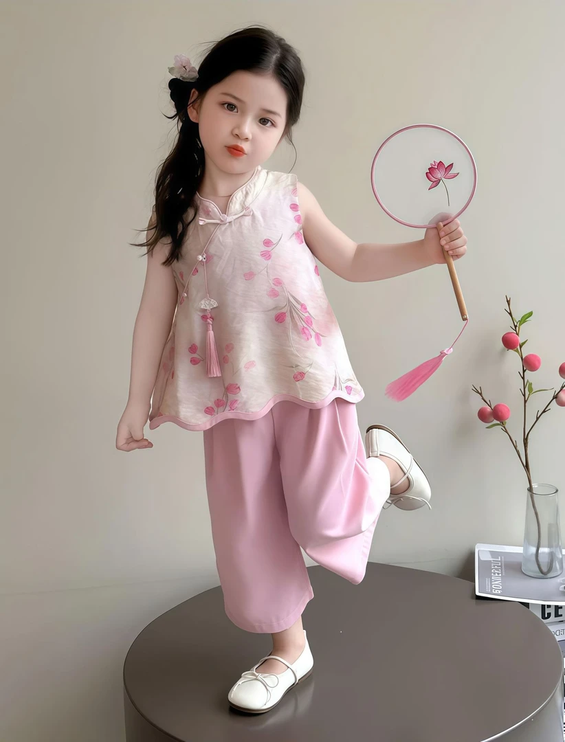 甜美可爱桃花女童夏季薄款新中式国风提花旗袍直筒裤洋气套装儿童