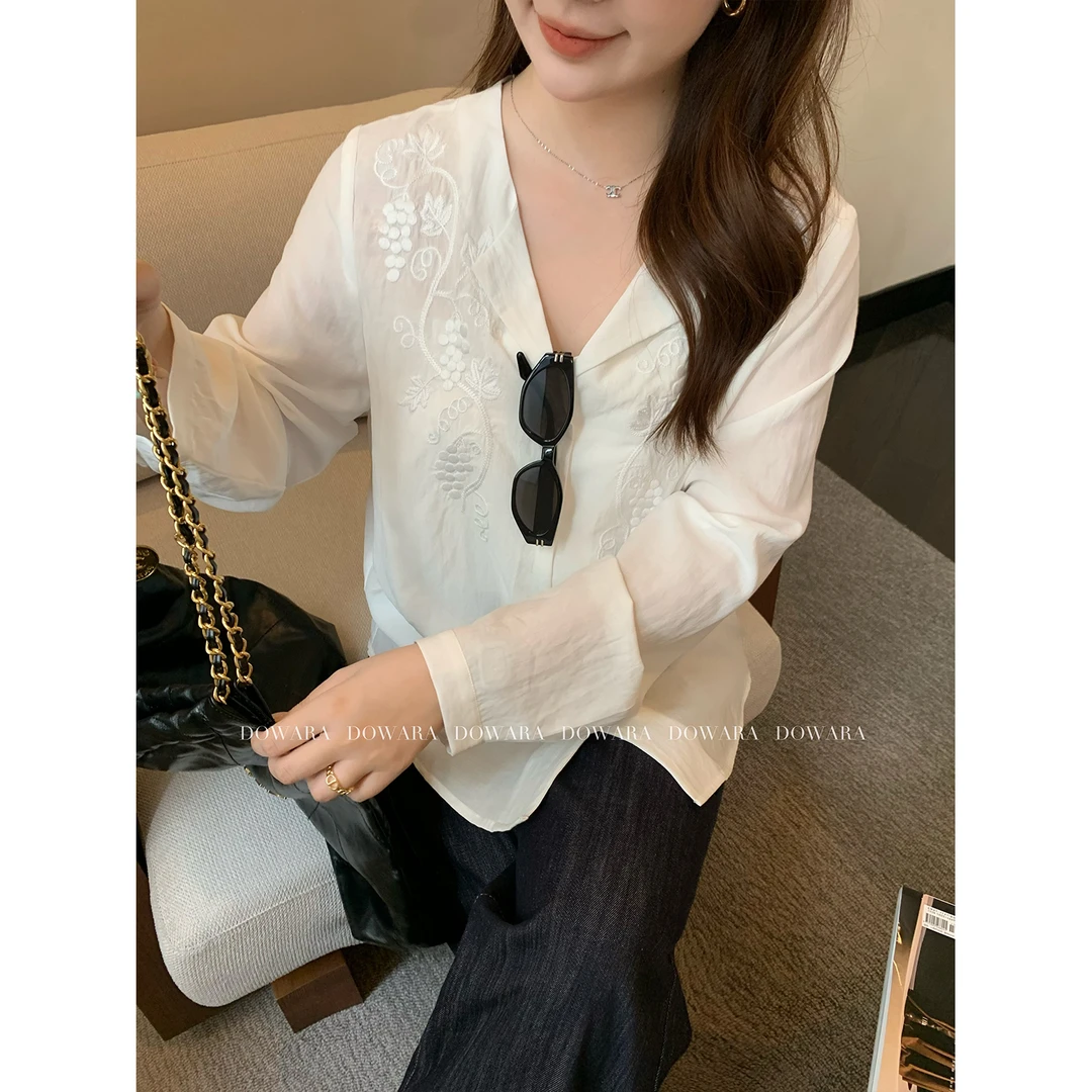 现货大婉酱微胖定制法式绣花衬衫春季新款气质显瘦百搭上衣6687D