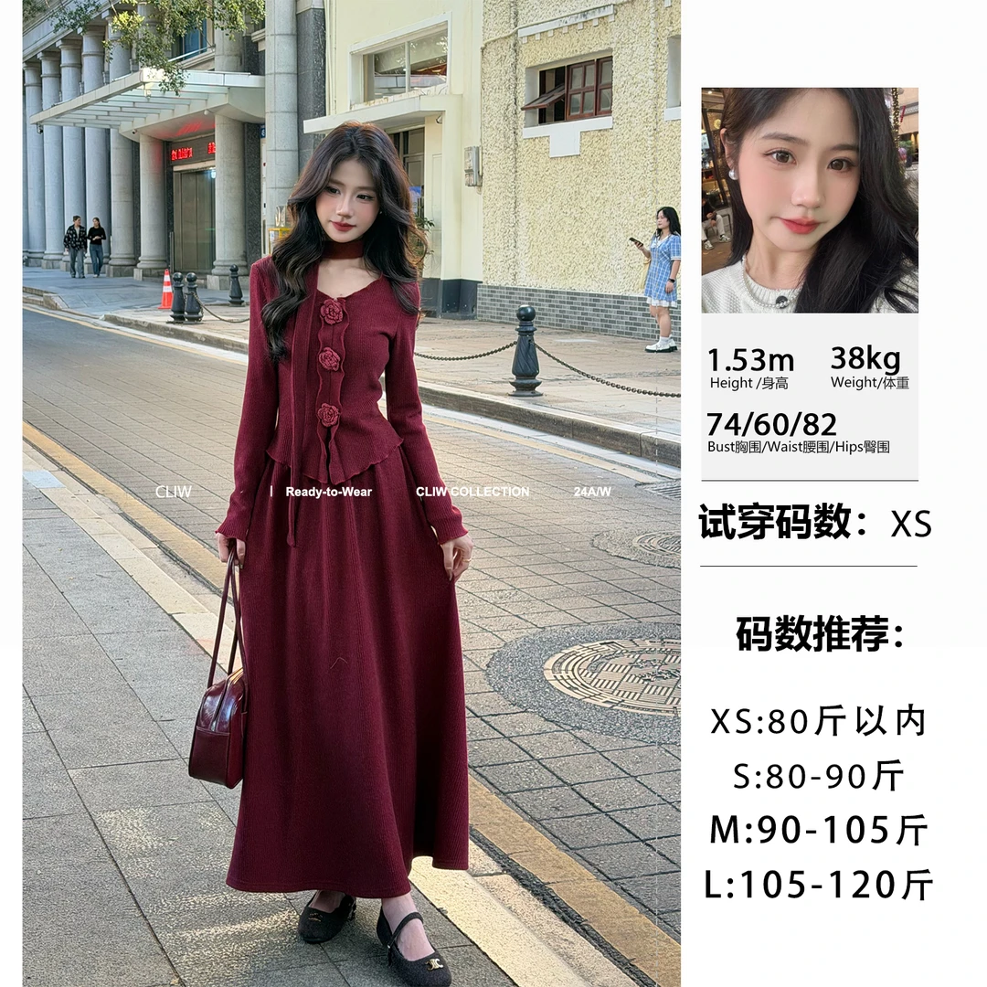 菜菜【暮色柔绒】小个子冬季立体花朵上衣显高半身裙两件套CTZ70