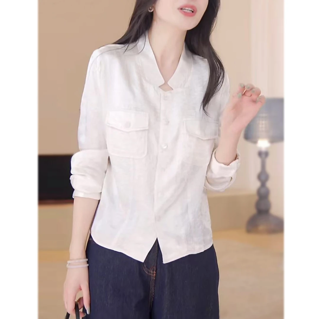 白色衬衣女装新款褶皱通勤纯色短款圆领衬衫设计感简约收腰休闲
