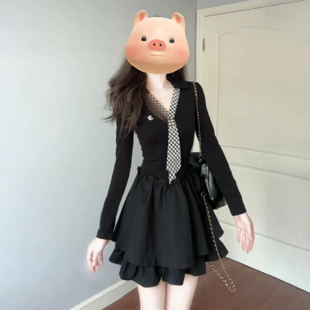 韩系巨好看长袖黑色连衣裙子女早秋季2026新爆款学院风小个子短裙