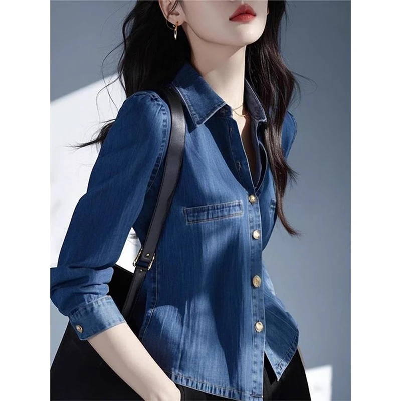 轻奢高级感牛仔衬衫女春季2025新款独特漂亮气质长袖上衣收腰外套