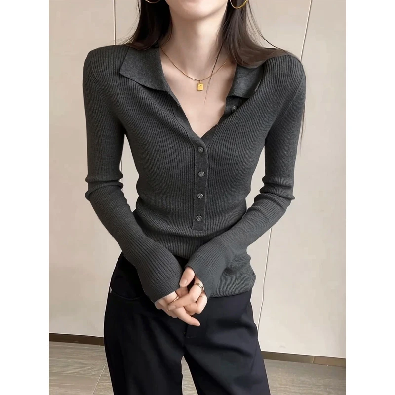 polo领毛衣针织衫女秋季2025新款翻领修身内搭上衣秋冬软糯打底衫