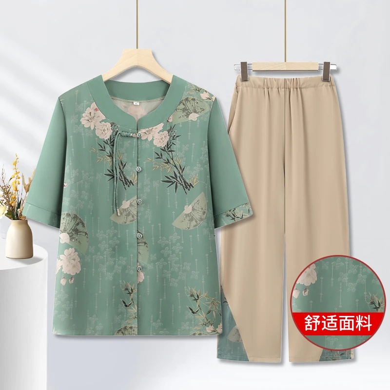 老年人夏装短袖套装奶奶装夏季T恤两件套70岁老太太夏装衣服