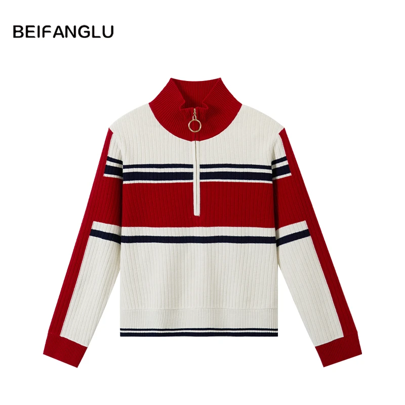 北方鹿【e*系列新年毛衣】100%绵羊毛撞色拉链半高领针织衫女251548