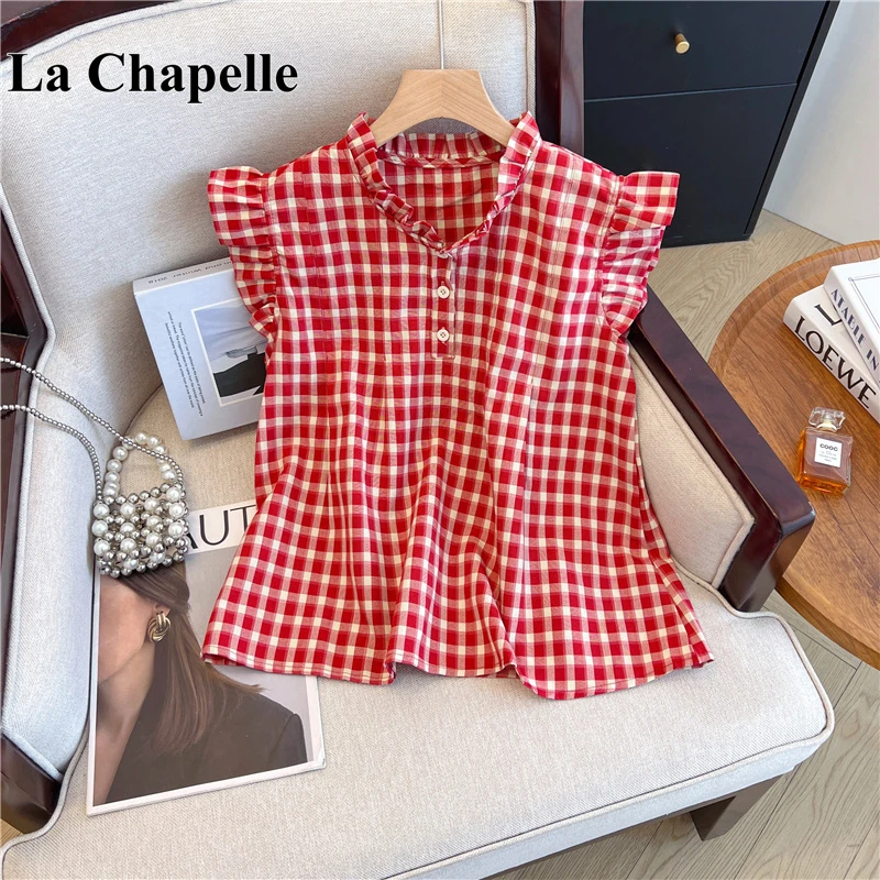 拉夏贝尔多巴胺红色格子小飞袖短款衬衫女夏新款法式坎肩背心上衣