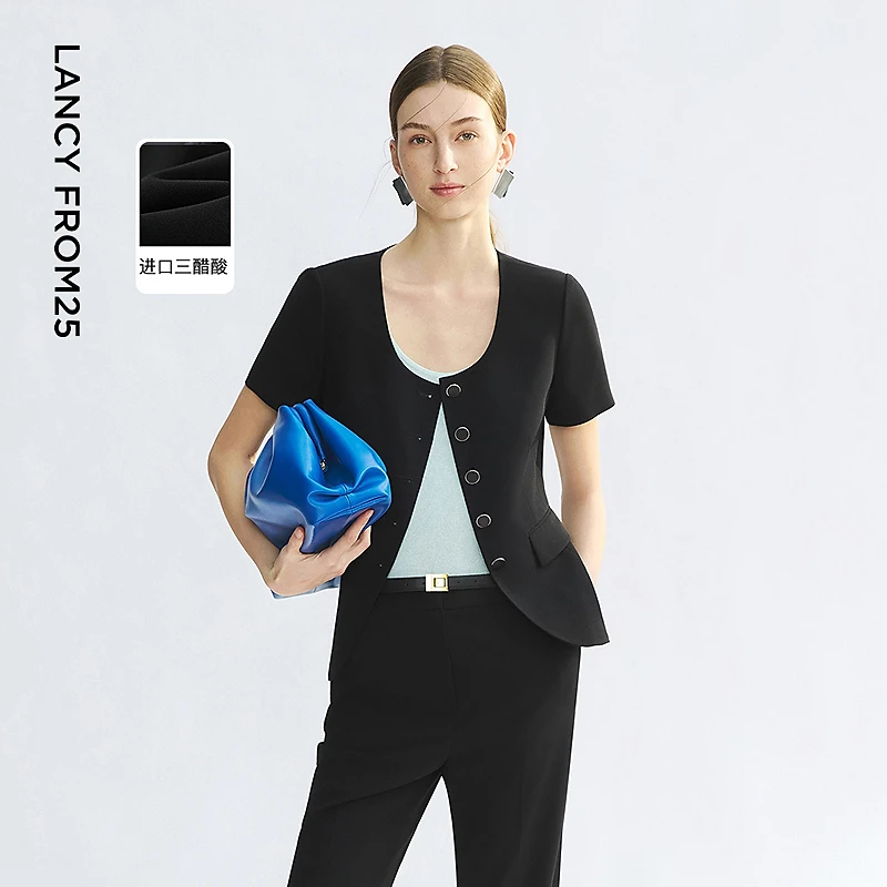 朗姿黑色圆领设计感简约时尚短外套收腰气质上衣2025年夏季新款