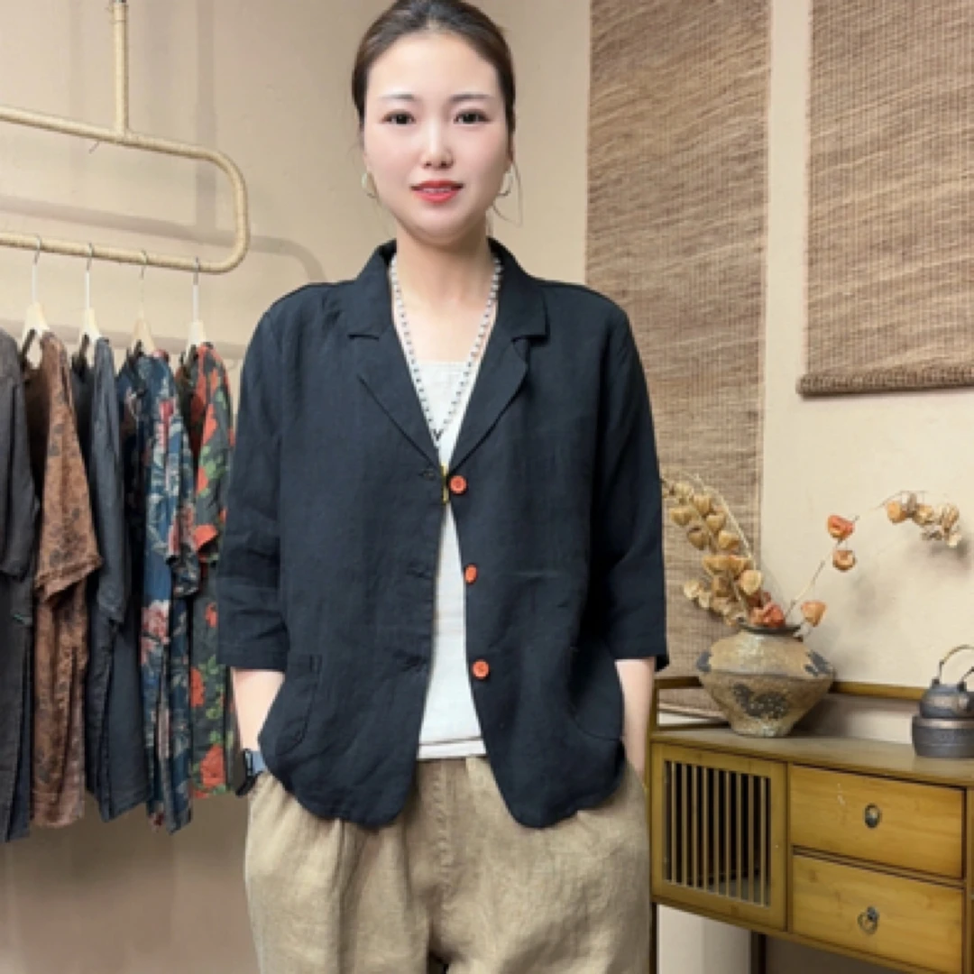 夏季新款纯亚麻西服女士简约复古七分袖西服