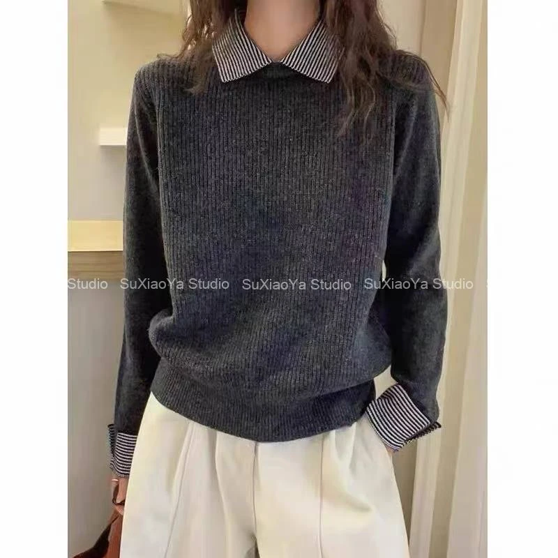 【灰条纹翻领】欧货高级感软糯时尚亲肤百搭针织衫