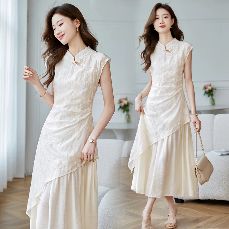 不褪色复古旗袍女装连衣裙立领荡领优雅夏季新中式蕾丝显瘦气质
