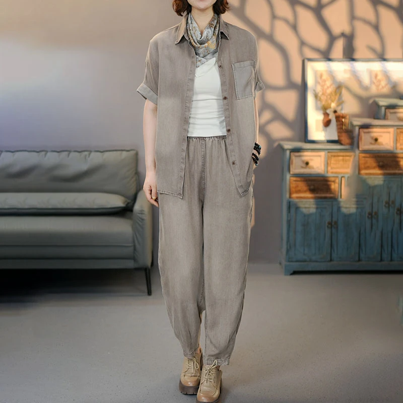 8709-710卡套装2025夏季新款莱赛尔短袖衬衫裤子百搭上衣九分裤